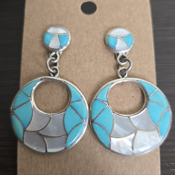 Vintage Zuni Inlay Earrings Edison and Laurenda Bobelu Turquoise Mother of Pearl - Picture 2 of 5